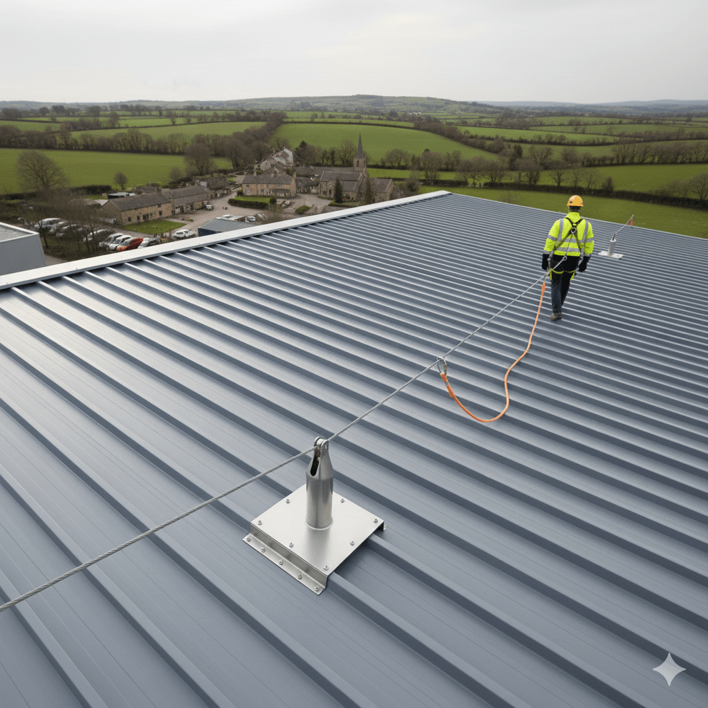 A man working on a roof using a roof line system, and following the new BS 8681:2024 standard. 