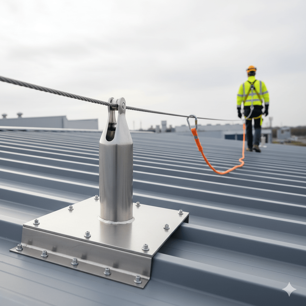 A worker walking on a roof, using a man safe fall arrest system as protection.