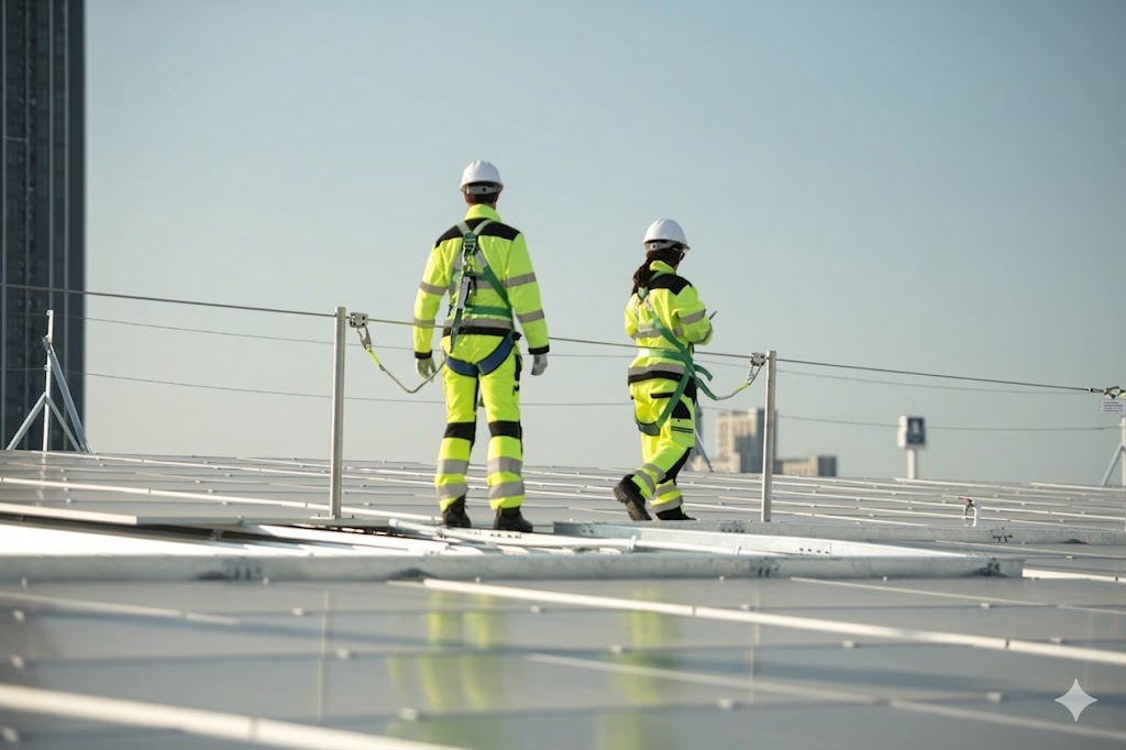 Engineers performing man safe system maintenance on rooftop safety thanks to their man safe system. 