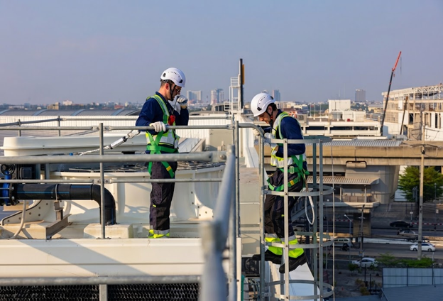 Safety at height services carried out by trained workers wearing protective equipment while accessing an elevated rooftop structure.