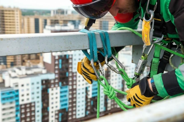 Specialist access services being used by a trained rope access technician to secure safety equipment while working at height on a building.